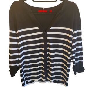 RED Woman Designer Black White Striped Button Down Sweater Top- Plus Size 1X